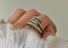 Silver Sparkly Multi Layered Four Shank Folded Ring “Nazarin” Pave Inset Rhinestone Jewelry