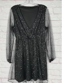 Black Glitter Mesh Long Sleeve Large Dress