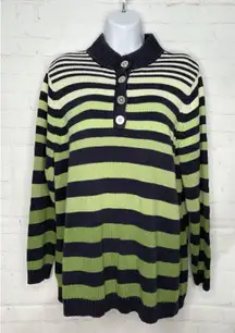 Liz‎ Clairborn Woman 1X Sweater Striped Button Collar Green Navy Cotton Pullover