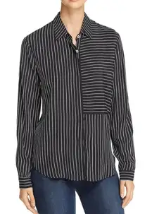 Three‎ Dots Black White Striped Long Sleeve Button Up Tunic Top