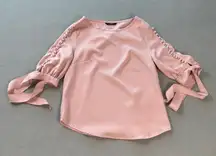 SHEIN Blouse Top Womens M Pink Pearl Embellished Bow Sleeve Cuff Tie Detail