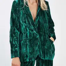 Topshop  Womens‎ Crinkle Velvet One Button Blazer Jacket Teal Green US Size 6