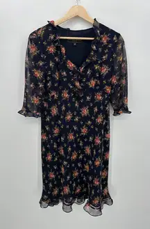 Donna Ricco Floral Midi Dress Size 10P Feminine Ruffle Dainty Modest Sheer