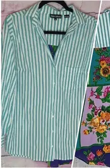 TOLANI COLLECTION MIXED MEDIA STRIPED BUTTON FRONT BOLD FLORAL FLOWY BACK TUNIC