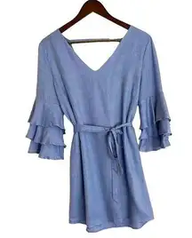 The impeccable pig blue dress with layered bell sleeves & belt women M