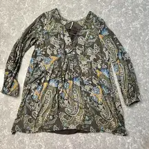 Free People Long Sleeve Dress Size S Green Gray Boho Paisley Peasant w Pockets