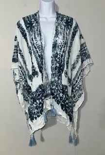 Vince Camuto Blue‎ White Tie Dye Tassel Kimono Cover Up Beach Pool Resort