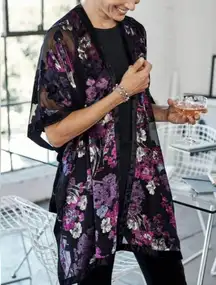 J Jill, Ruana Black Purple Floral Velvet Burnout Kimono Topper, One Size