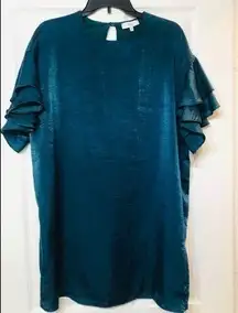 NWT NSR ruffle sleeve shift dress teal green