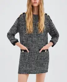 ZARA  TRF Black & White Tweed Dress with Buttons