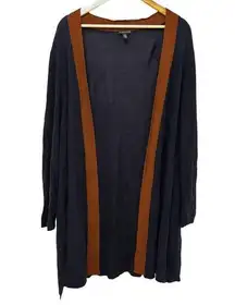 Eileen Fisher Long Open Cardigan Size 2X Tencel Lyocell Silk Navy Blue Brown