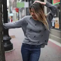 Wooden Ships Lightning Bolt Jacquard Knit Wool & Mohair Blend Sweater Gray S/M