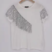 TOPSHOP White Short Sleeved T-Shirt with Asymmetrical Black Lace Detail Size 6