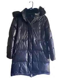 Zara Woman‎ Down Puffer Coat Black Faux Fur Trim Hooded Longline Jacket Large