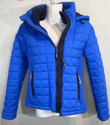 Superdry Fuji Puffer Jacket Women's Blue Quilted Hooded Full Zip XS NWOT