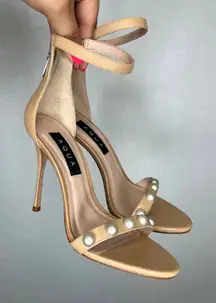 AQUA Pearl Embellished Nude Ankle Strap Heels Stiletto Sandals‎ Size 6M