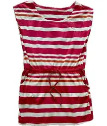 Striped Sleeveless Dress Knee Length Drawstring Waist Pink Large