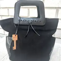 Fossil Black Canvas Leather Trim Satchel Bag Y2K Square Handles Crossbody Key