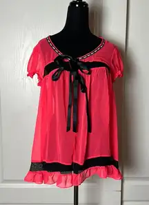 Y2K VICTORIAS SECRET HOT PINK & BLACK LACE BABY DOLL TIE FRONT ROBE COVER UP