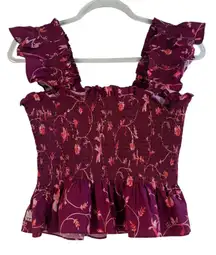 Hill‎ House Home Paz Smocked Ruffle Top M Burgundy Floral Cottagecore Coquette