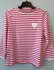 Talbots Pink Cream Striped Mock Neck Long Sleeve Top Heart Patch Eyelet Trim LP