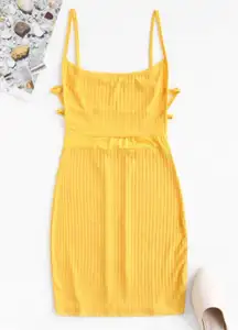 Yellow Ribbed Body Con Knee Length Dress