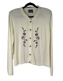 Vintage Southern Lady Floral Embroidered Scalloped Hem Gold Button Cardigan