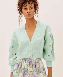 FLL Sweater Sutton Cardigan Cropped Sequin Floral Knit Puff-Sleeve Mint M NWT