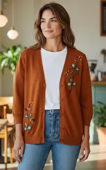 Christopher Banks Embroidered Floral 3/4 Sleeve cardigan boho garden M