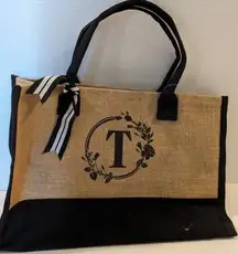 Top Design Monogrammed Initial “T” Jute Canvas Tote Bag​​