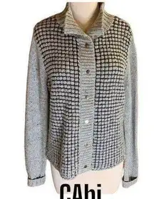 CAbi  Button Down Knit Cardigan Sweater   Light Grey with Dark Grey Checks