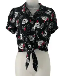 Chilling Adventures Sabrina Skull Cat Button Front Tie Black Crop Top XS