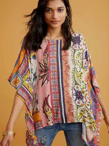 Desigual. Colorful Floral Shimmer Cape Blouse Boho Flowy Women's size Medium