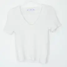 Mango Womens Textured White V Neck Short Sleeve Top Size S Casual Everyday