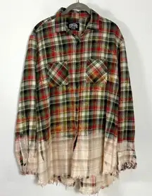 Grunge 90s Handmade Distressed Bleached Plaid Flannel Tunic Button Down Shirt XL