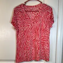 Chaus Sports Pink Zebra Leopard Cheetah Print V-Neck Shirt Size Large EUC #2901