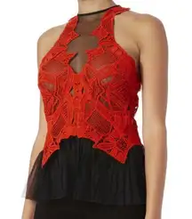 Jonathan Simkhai Red / Black Lace and Tulle Peplum Top Size 2