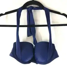 Lands End Swim Bikini Top Underwire Molded Cups Padded Halter Navy Blue 32B/34A