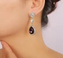 Rhinestone Purple Drop Dangle Earrings Statement Crystal chandelier Silver Tone