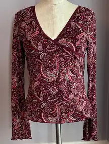 Old Navy Maroon Paisley V-Neck Long Sleeve Mesh Top Lettuce Edge
