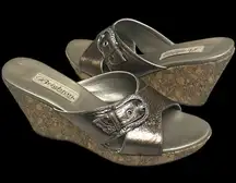 Brighton Platform Mules Pewter Leather Cork Wedge "Summer" Sz 7 Made In Italy