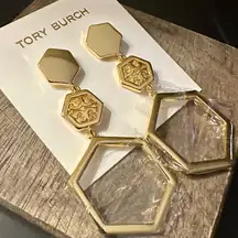 New Tory Burch Hex Logo Statement Drop Dangle Earring; Gold on TB earring card