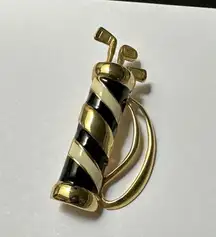 Golf Bag With Clubs Gold Tone Cream/Black Brooch Pin Golfing Perfect For Golfer