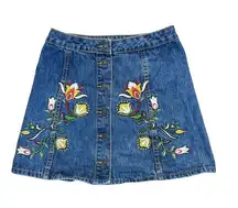 Haute Rogue Boho Denim Floral Embroidered Mini Skirt Full Button Medium