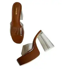 Larroudé Dolly Lucite Tan Clear Vinyl Platform Mules Sandals High Heels Size 7