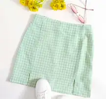 New XS Jade Green & White Gingham Checkered Mini Skirt Thigh Slits