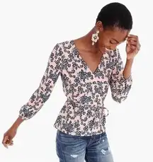 J. Crew Blouse Blush Pink Bouquet Peplum Long Sleeves Crepe‎ Wrap Women Top Sz 2