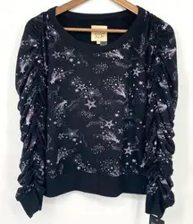 NWT CHASER Women’s Celestial Stars Black Bliss Shirred Long Sleeve Pullover S