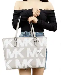Michael Kors Gray and White Signature Jet set Tote Bag silver hardware