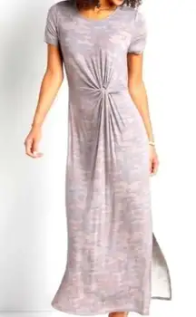 Maurices Twist Knot‎ Front Short Sleeve Slit Maxi Dress Camo Size Large
